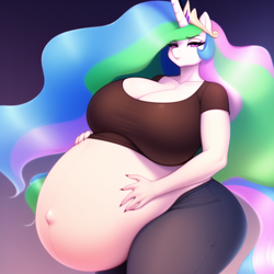 Size: 640x640 | Tagged: safe, editor:rainbowkiller01, imported from derpibooru, princess celestia, anthro, ai content, ai generated, belly, belly button, big belly, big breasts, breasts, cleavage, female, gradient background, huge belly, huge breasts, hyper, hyper belly, hyper pregnancy, impossibly large belly, outie belly button, preglestia, pregnant, solo