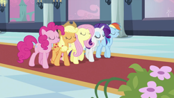 Size: 992x558 | Tagged: safe, imported from derpibooru, screencap, applejack, fluttershy, pinkie pie, rainbow dash, rarity, pony, a canterlot wedding, eyes closed, female, mare, smiling