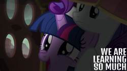 Size: 1920x1080 | Tagged: safe, edit, edited screencap, editor:quoterific, imported from derpibooru, screencap, rarity, twilight sparkle, alicorn, pony, unicorn, gauntlet of fire, book, dark, duo, duo female, excited, female, frown, happy, holes, mare, open mouth, open smile, rock costume, smiling, twilight sparkle (alicorn)