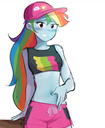 Size: 1280x1564 | Tagged: safe, artist:morusae, imported from derpibooru, rainbow dash, human, equestria girls, belly button, blushing, cap, clothes, cute, hand, hat, midriff, simple background, solo, swimsuit, white background