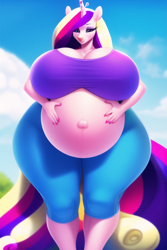 Size: 512x768 | Tagged: safe, editor:rainbowkiller01, imported from derpibooru, princess cadance, anthro, ai content, ai generated, breasts, busty princess cadance, female, pregdance, pregnant, solo