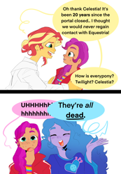 Size: 1594x2301 | Tagged: safe, artist:aztrial, imported from derpibooru, izzy moonbow, sunny starscout, sunset shimmer, human, equestria girls, clothes, comic, dialogue, female, g5, high res, jacket, older sunset, reality ensues, simple background, speech bubble, subtle as a train wreck, sweat, sweatdrop, that was fast, time paradox, trio, trio female, unfortunate implications, what if, white background