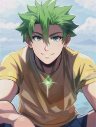 Size: 512x682 | Tagged: safe, editor:sammykun, imported from derpibooru, spike, human, ai content, ai generated, anime style, clothes, generator:novelai, generator:stable diffusion, humanized, jewelry, looking at you, male, necklace, shirt, sitting, sky, smiling, solo