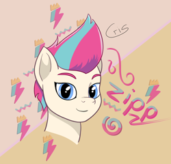 Size: 1756x1684 | Tagged: safe, artist:cristi444n, imported from derpibooru, zipp storm, pegasus, pony, abstract, abstract background, beige background, blue eyes, bust, eyebrows, face, g5, lightning, looking at you, name, portrait, short hair, short mane, signature, simple background, simple shading, smiling, smug, solo, three quarter view, two toned mane
