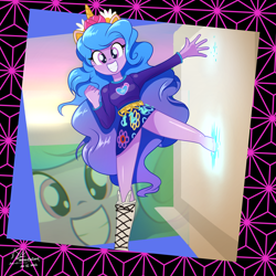 Size: 4500x4500 | Tagged: safe, artist:theratedrshimmer, imported from derpibooru, izzy moonbow, human, equestria girls, cute, equestria girls (g5), equestria girls-ified, female, g5, g5 to equestria girls, generation leap, grin, izzybetes, looking at you, passepartout, portal, schrödinger's pantsu, smiling, solo, that was fast, toy interpretation