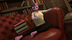 Size: 3840x2160 | Tagged: safe, artist:korizen, imported from derpibooru, twilight sparkle, anthro, plantigrade anthro, unicorn, 3d, book, bookshelf, candlelight, couch, feet, female, looking at you, lying down, missing shoes, nail polish, solo, source filmmaker, toenail polish