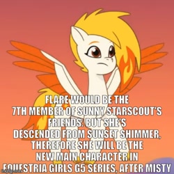 Size: 500x500 | Tagged: safe, edit, edited screencap, imported from derpibooru, screencap, pegasus, pony, spoiler:g5, spoiler:my little pony: tell your tale, spoiler:tyts01e42, cropped, firework-ing together, flare (g5), g5, implied equestria girls, implied misty brightdawn, implied sunny starscout, implied sunset shimmer, insane fan theory, my little pony: tell your tale, solo, spoilers for another series, text, theory