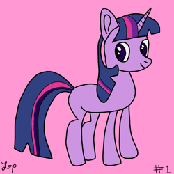 Size: 1800x1800 | Tagged: safe, artist:lucytwostickz, imported from derpibooru, twilight sparkle, pony, unicorn, female, pink background, simple background, solo, unicorn twilight