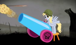 Size: 1169x692 | Tagged: safe, imported from derpibooru, derpy hooves, pegasus, pony, cannon, food, helmet, muffin, solo, stool, war