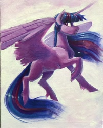 Size: 2883x3579 | Tagged: safe, artist:maxiima, imported from derpibooru, twilight sparkle, alicorn, pony, acrylic painting, female, flying, mare, missing cutie mark, solo, traditional art, twilight sparkle (alicorn), unshorn fetlocks