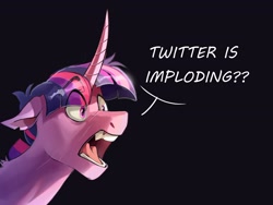 Size: 4000x3000 | Tagged: safe, artist:maxiima, imported from derpibooru, twilight sparkle, pony, black background, curved horn, dialogue, eye clipping through hair, eyebrows, eyebrows visible through hair, floppy ears, horn, horrified, meta, open mouth, realization, shocked, shocked expression, simple background, solo, torn ear, twitter, wide eyes