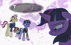 Size: 4096x2602 | Tagged: safe, artist:bearmation, imported from derpibooru, flim, twilight sparkle, oc, oc:cash flow, oc:comet sweep, pony, unicorn, colt, crying, female, floppy ears, foal, horn, male, mare, offspring, parent:flim, parent:twilight sparkle, parents:twiflim, sad, stallion, story included, text, unicorn oc, unicorn twilight