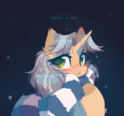 Size: 1600x1500 | Tagged: safe, artist:mirtash, imported from derpibooru, oc, oc only, oc:trickate, pony, unicorn, clothes, horn, scarf, smiling, solo, sparkly eyes, striped scarf, unicorn oc, wingding eyes