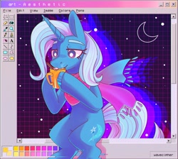 Size: 2165x1944 | Tagged: safe, artist:wavecipher, imported from derpibooru, trixie, pony, unicorn, aesthetics, belly, clothes, eyebrows, female, high res, hoof hold, mare, ms paint, mug, scarf, smiling, solo, vaporwave, webcore