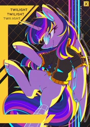 Size: 2480x3508 | Tagged: safe, artist:wavecipher, imported from derpibooru, twilight sparkle, alicorn, pony, belly, clothes, complex background, cyberpunk, glasses, partially open wings, solo, twilight sparkle (alicorn), vaporwave, wings