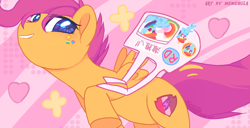 Size: 1350x691 | Tagged: safe, artist:memengla, imported from derpibooru, rainbow dash, scootaloo, pegasus, pony, abstract background, bag, chinese, cute, cutealoo, eye clipping through hair, female, filly, foal, handbag, hind legs, smiling, solo, spread wings, sticker, the cmc's cutie marks, wings