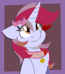 Size: 1120x1280 | Tagged: safe, artist:modularpon, imported from derpibooru, oc, oc only, oc:cinnamon lightning, pony, unicorn, animated, bell, bell collar, bow, breathing, collar, female, gif, hair bow, horn, mare, solo, unicorn oc