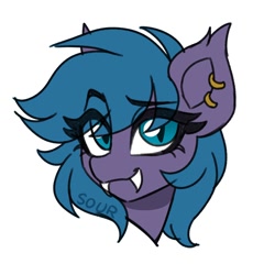 Size: 2000x2000 | Tagged: safe, artist:sickly-sour, imported from derpibooru, oc, oc only, oc:belfry towers, bat pony, pony, bat pony oc, bust, ear piercing, earring, eye clipping through hair, eyebrows, eyebrows visible through hair, fangs, jewelry, piercing, portrait, simple background, solo, white background