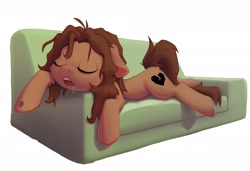 Size: 2734x1875 | Tagged: safe, artist:senaelik, imported from derpibooru, oc, oc only, oc:heartbreak, earth pony, pony, couch, drool, earth pony oc, open mouth, simple background, sleeping, snoring, solo, white background