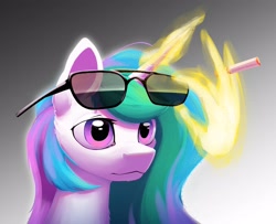 Size: 3493x2835 | Tagged: safe, artist:senaelik, imported from derpibooru, princess celestia, alicorn, pony, bust, cigarette, glowing, glowing horn, hand, horn, magic, magic hands, portrait, rising glasses, solo, sunglasses