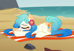 Size: 4221x2908 | Tagged: safe, artist:emberslament, imported from derpibooru, oc, oc only, oc:seascape, earth pony, pony, beach, earth pony oc, female, lying down, mare, ocean, prone, sand, solo, water