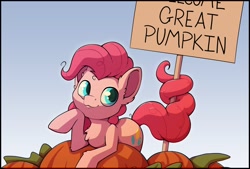 Size: 2000x1349 | Tagged: safe, artist:senaelik, imported from derpibooru, pinkie pie, earth pony, pony, chest fluff, female, mare, no eyelashes, parody, peanuts (comic), prehensile tail, pumpkin, sign, solo, tail, the great pumpkin