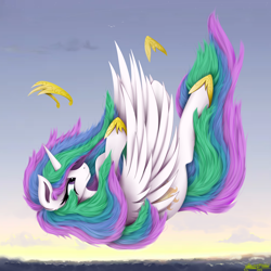 Size: 4000x4000 | Tagged: safe, artist:ser-p, imported from derpibooru, princess celestia, alicorn, pony, absurd resolution, cloud, falling, frown, jewelry, scenery, signature, sky, solo, tiara, windswept mane