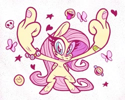 Size: 1963x1574 | Tagged: safe, artist:jimmyjamno1, imported from derpibooru, fluttershy, anthro, butterfly, pegasus, unguligrade anthro, bandaid, bracelet, crying, emoji, heart, jewelry, laughing, lol, looking at you, middle finger, skull, smiley face, solo, stars, suddenly hands, tears of laughter, unshorn fetlocks, vulgar