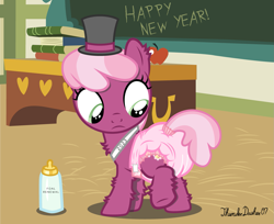 Size: 1357x1110 | Tagged: safe, artist:thunderdasher07, imported from derpibooru, cheerilee, earth pony, pony, age regression, apple, baby bottle, baby new year, book, chalkboard, chest, classroom, desk, diaper, female, filly, filly cheerilee, fluffy, foal, food, hat, leg fluff, non-baby in diaper, ponyville schoolhouse, poofy diaper, raised leg, sash, show accurate, solo, top hat, wetness indicator, younger