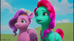 Size: 360x200 | Tagged: safe, imported from derpibooru, screencap, pipp petals, earth pony, pegasus, pony, spoiler:my little pony: make your mark, spoiler:my little pony: make your mark chapter 2, spoiler:myms01e02, adorapipp, animated, cloud, confused, cute, duo, female, g5, gif, growing pains, head tilt, imgflip, jazz has no ears, jazz hooves, jazzibetes, jewelry, looking at something, mare, my little pony: make your mark, my little pony: make your mark chapter 2, no ears, okay, talking, tiara, youtube link