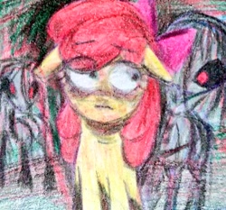 Size: 1024x953 | Tagged: safe, artist:dulcesilly, imported from derpibooru, apple bloom, earth pony, pony, story of the blanks, crayon drawing, female, filly, foal, looking sideways, pinpoint eyes, red eyes, scared, traditional art