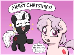 Size: 2148x1594 | Tagged: safe, artist:heretichesh, imported from derpibooru, oc, oc only, oc:red pill, oc:s.leech, pony, unicorn, christmas, cute, dialogue, duo, eyes closed, female, filly, foal, gradient background, holiday, horn, looking at you, merry christmas, open mouth, open smile, out of season, slowpoke, smiling, sparkles, speech bubble, talking to viewer, unicorn oc
