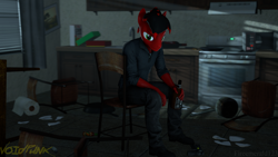 Size: 3840x2160 | Tagged: safe, artist:fireemerald123, imported from derpibooru, oc, oc only, oc:page feather, anthro, 3d, alcohol, broken glass, cereal box, chair, coffee machine, frying pan, gun, handgun, kitchen, night, revolver, sitting, solo, source filmmaker, stove, voidpunk, watermark