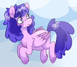 Size: 1253x1086 | Tagged: safe, artist:/d/non, imported from derpibooru, plumberry, pegasus, pony, female, flying, mare, older, pregnant, purple fur, purple hair, sensibly-proportioned pregnancy, sky, unshorn fetlocks