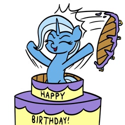 Size: 1150x1150 | Tagged: safe, artist:mkogwheel, imported from derpibooru, trixie, pony, unicorn, birthday cake, cake, female, food, happy birthday, mare, open mouth, open smile, popping out of a cake, simple background, smiling, solo, white background