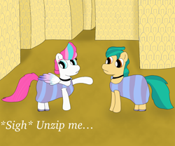 Size: 6048x5036 | Tagged: safe, alternate version, artist:pinkiepie69, imported from derpibooru, hitch trailblazer, zipp storm, earth pony, pegasus, pony, clothes, crossdressing, dialogue, dress, eyeshadow, family guy, g5, jewelry, makeup, necklace, shoes, text, the backrooms
