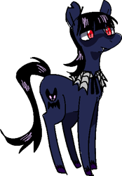 Size: 352x506 | Tagged: safe, artist:/d/non, imported from derpibooru, oc, oc only, oc:mercury mine, earth pony, bangs, black hair, blue fur, collar, earth pony oc, fangs, female, goth, mare, red eyes, ribbon, simple background, solo, torn ear, unshorn fetlocks, white background