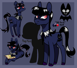Size: 1068x934 | Tagged: safe, artist:/d/non, imported from derpibooru, oc, oc:mercury mine, earth pony, bangs, black hair, blue fur, book, collar, cutie mark, earth pony oc, fangs, female, goth, looking away, looking up, lying down, mare, red eyes, reference sheet, ribbon, simple background, torn ear, unshorn fetlocks