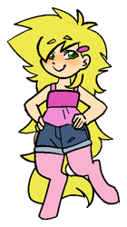 Size: 316x565 | Tagged: safe, artist:/d/non, imported from derpibooru, oc, oc only, oc:sunshine blossom, satyr, blonde hair, blushing, chibi, femboy, hairclip, hand on hip, male, offspring, parent:sunshine smiles, pink fur, simple background, smiling, solo, transparent background