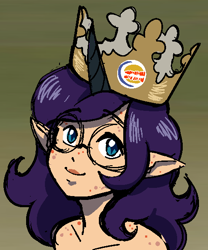 Size: 486x584 | Tagged: safe, artist:/d/non, imported from derpibooru, oc, oc only, oc:mal, satyr, acne, bare shoulder portrait, bare shoulders, blushing, burger king, burger king crown, bust, crown, elf ears, female, freckles, glasses, horn, jewelry, offspring, parent:oc:nyx, pointed ears, portrait, regalia, smiling