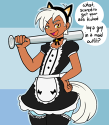 Size: 1546x1772 | Tagged: safe, artist:/d/non, imported from derpibooru, oc, oc only, oc:snapshot, satyr, apron, baseball bat, blue fur, cat ears, clothes, collar, crossdressing, fake ears, hand on hip, maid, male, offspring, open mouth, parent:photo finish, simple background, socks, speech bubble, thigh highs, white hair, yellow eyes