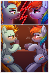 Size: 1270x1884 | Tagged: safe, artist:dinoalpaka, imported from derpibooru, lightning dust, rainbow dash, pegasus, pony, comic:adventures rainbow dash, blushing, comic, cup, drink, drunk, drunker dash, duo, eye contact, female, glass, looking at each other, looking at someone, mare, sitting, table, tongue out, wings