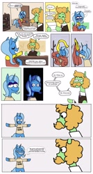 Size: 2048x3824 | Tagged: safe, artist:punkittdev, imported from derpibooru, trixie, oc, oc:lemon trisket, earth pony, pony, unicorn, bipedal, book, clothes, coat, coat rack, comic, dialogue, dot eyes, earth pony oc, embarrassed, eye contact, eyes closed, facial hair, female, grin, hoof hold, horsecomix, implied lesbian, interview, jacket, lidded eyes, looking at each other, looking at someone, magic, male, mare, moustache, necktie, nervous, nervous grin, onomatopoeia, open mouth, open smile, paper, realization, scarf, smiling, speech bubble, stallion, suit, sweater, t pose, telekinesis, uncanny, vulgar