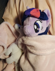Size: 2850x3655 | Tagged: safe, imported from derpibooru, twilight sparkle, pony, unicorn, 4de, bed, blanket, irl, lying down, lying on bed, on back, on bed, photo, photography, pillow, plushie, solo