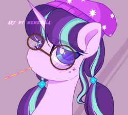 Size: 1380x1245 | Tagged: safe, artist:memengla, imported from derpibooru, starlight glimmer, pony, unicorn, alternate hairstyle, aside glance, beanie, candy, female, food, glasses, hat, looking at you, mare, pigtails, round glasses, simple background, solo, watermark