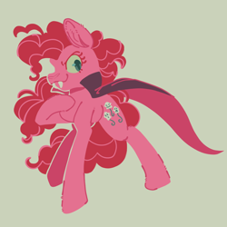 Size: 2048x2048 | Tagged: safe, artist:pastacrylic, imported from derpibooru, pinkie pie, earth pony, pony, alternate cutie mark, beige background, cape, fangs, female, full body, halloween, holiday, mare, nightmare night, simple background, solo, vampire costume
