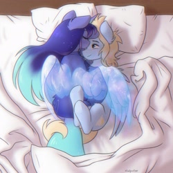 Size: 2776x2776 | Tagged: safe, artist:katputze, imported from derpibooru, oc, oc only, oc:asteria, oc:blue skies, pegasus, pony, unicorn, artificial wings, augmented, bed, chromatic aberration, commission, female, forehead kiss, high res, horn, in bed, intertwined tails, kissing, magic, magic wings, male, mare, oc x oc, overhead view, pegasus oc, shipping, stallion, straight, tail, unicorn oc, wings