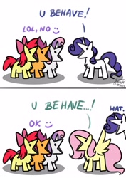 Size: 2894x4093 | Tagged: safe, artist:julunis14, imported from derpibooru, apple bloom, fluttershy, rarity, scootaloo, sweetie belle, earth pony, pegasus, pony, unicorn, series:my little honses, stare master, 2 panel comic, :v, comic, cutie mark crusaders, dialogue, digital art, female, filly, foal, mare, misspelling, open mouth, parody, scene interpretation, signature, silly, simple background, smiley face, wat, white background