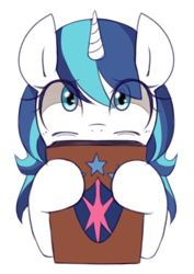 Size: 277x391 | Tagged: safe, artist:maren, imported from derpibooru, shining armor, pony, unicorn, 2014, book, bust, female, gleaming shield, hoof hold, mare, old art, rule 63, shy, simple background, solo, white background, wide eyes