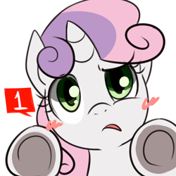 Size: 1000x1000 | Tagged: safe, artist:maren, imported from derpibooru, sweetie belle, pony, unicorn, 2013, blush sticker, blushing, bust, female, filly, foal, fourth wall, looking at you, notification, old art, portrait, simple background, solo, white background